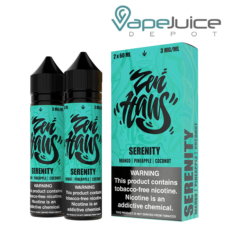 Two 60ml bottles of Zen Haus Serenity Verdict Vapors with a warning sign and a box next to it - Vape Juice Depot