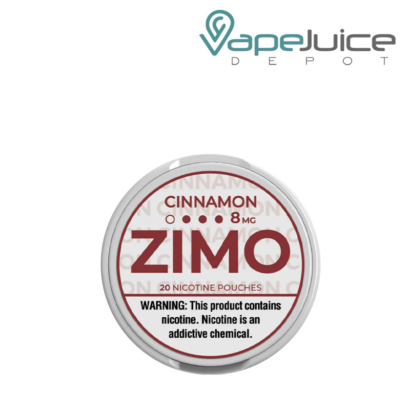 8mg Cinnamon Zimo Pouches with a warning sign - Vape Juice Depot