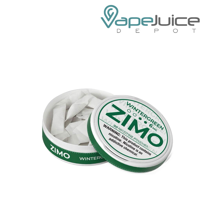 Open can of Wintergreen Zimo Pouches with a warning sign - Vape Juice Depot