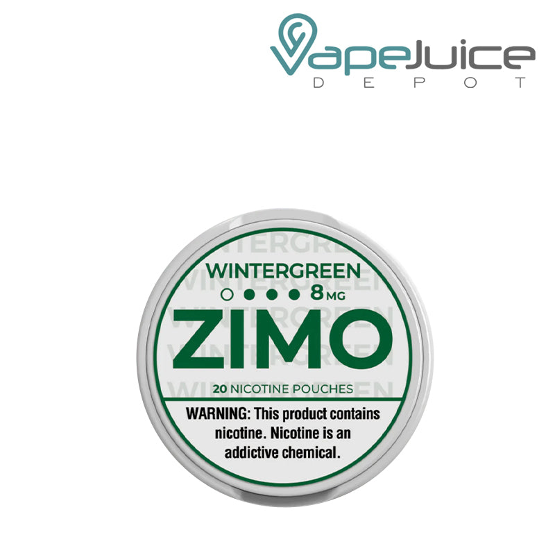 8mg Wintergreen Zimo Pouches with a warning sign - Vape Juice Depot