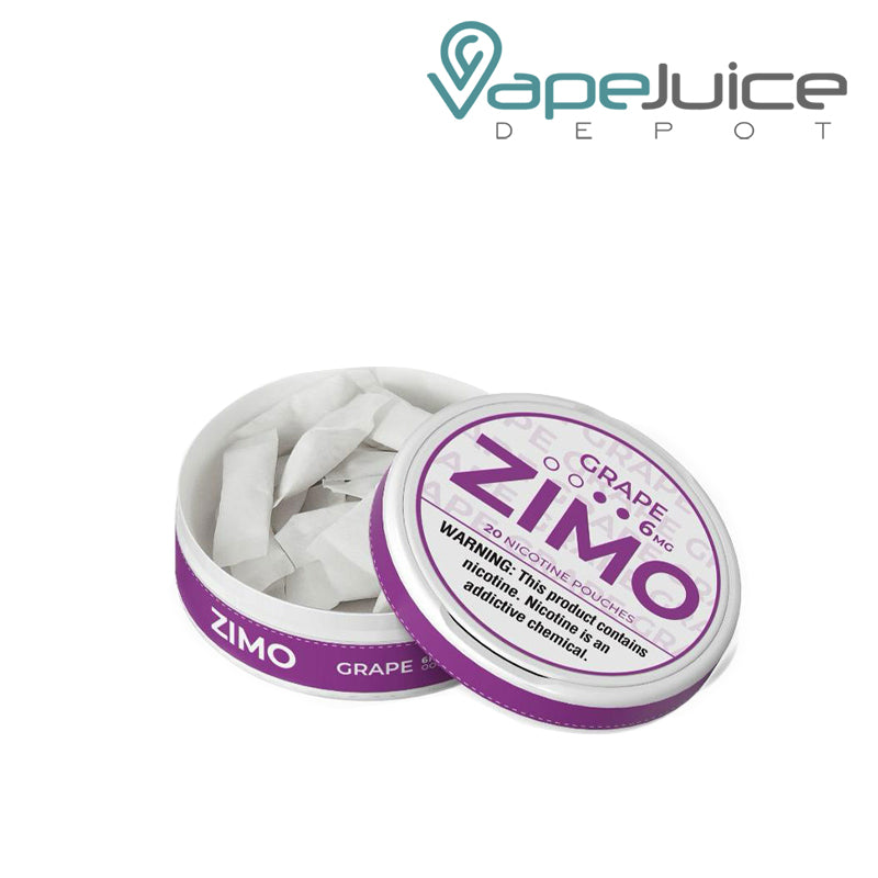 Open can of Grape Zimo Pouches with a warning sign - Vape Juice Depot