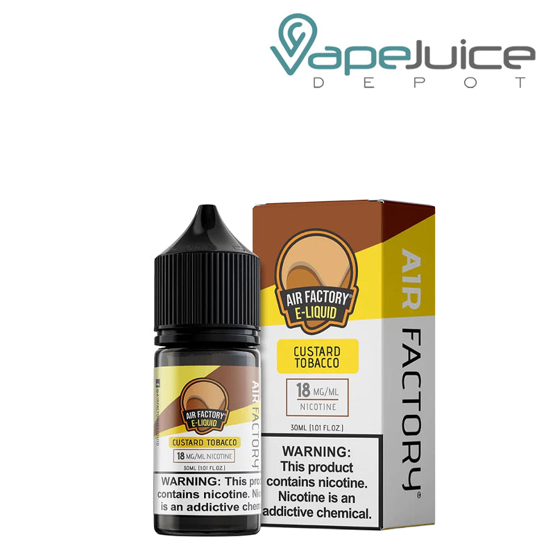 A 30ml bottle of Custard Tobacco Air Factory Salts 18mg and a box with a warning sign next to it - Vape Juice Depot