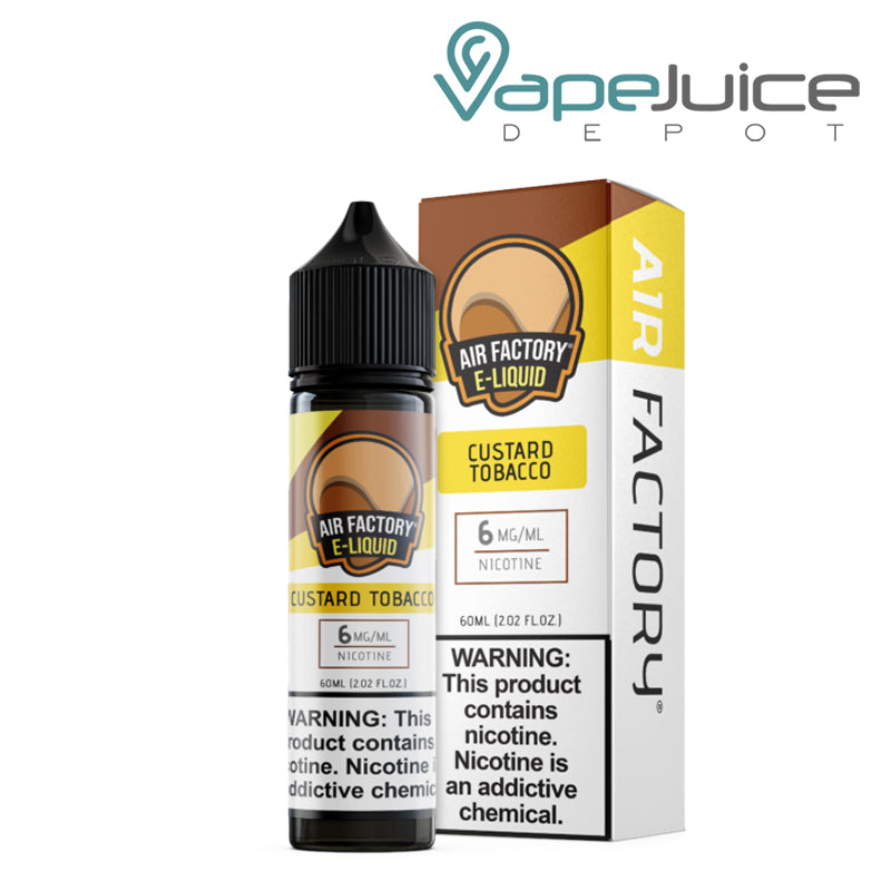 A 60ml bottle of Custard Tobacco Air Factory eLiquid 6mg and a box with a warning sign next to it - Vape Juice Depot