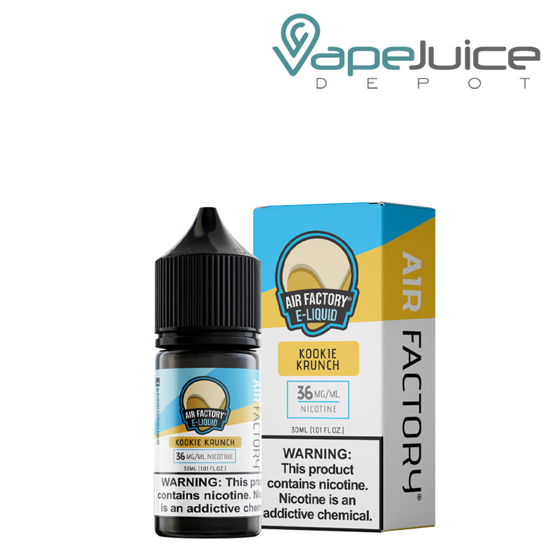 A 30ml bottle of Kookie Krunch Air Factory Salts 36mg and a box with a warning sign next to it - Vape Juice Depot
