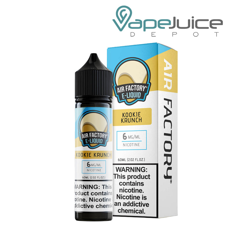 A 60ml bottle of Kookie Krunch Air Factory eLiquid 6mg and a box with a warning sign next to it - Vape Juice Depot