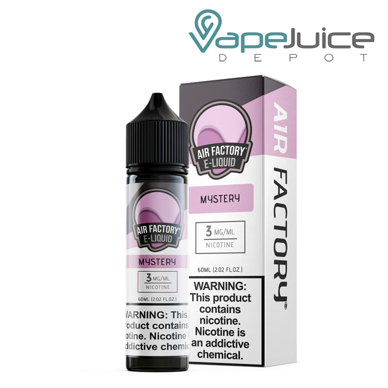 A 60ml bottle of Mystery Air Factory eLiquid 3mg and a box with a warning sign next to it - Vape Juice Depot