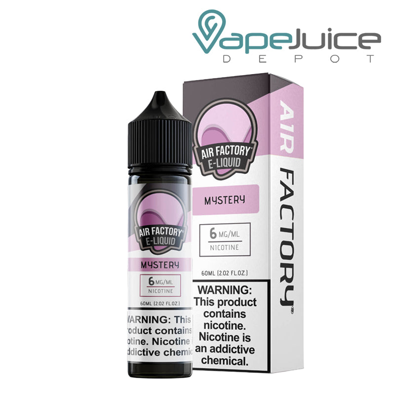 A 60ml bottle of Mystery Air Factory eLiquid 6mg and a box with a warning sign next to it - Vape Juice Depot