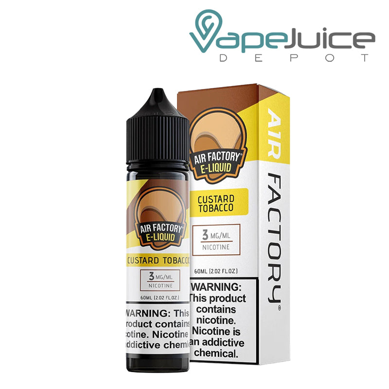 A 60ml bottle of Custard Tobacco Air Factory eLiquid 3mg and a box with a warning sign next to it - Vape Juice Depot