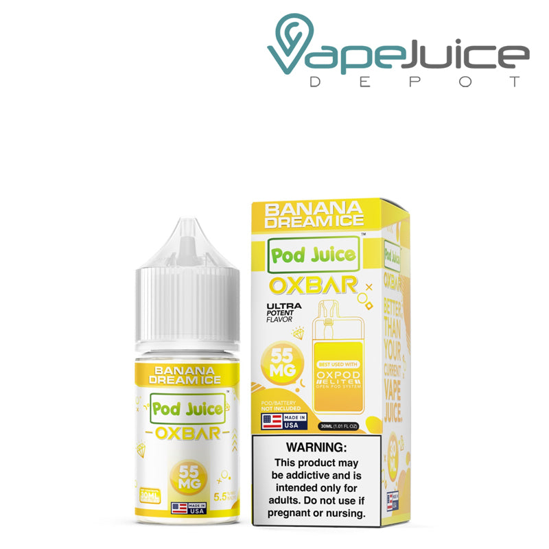 A 30ml bottle of Banana Dream Ice Pod Juice x OXBAR Salts 55mg and a box with a warning sign next to it - Vape Juice Depot