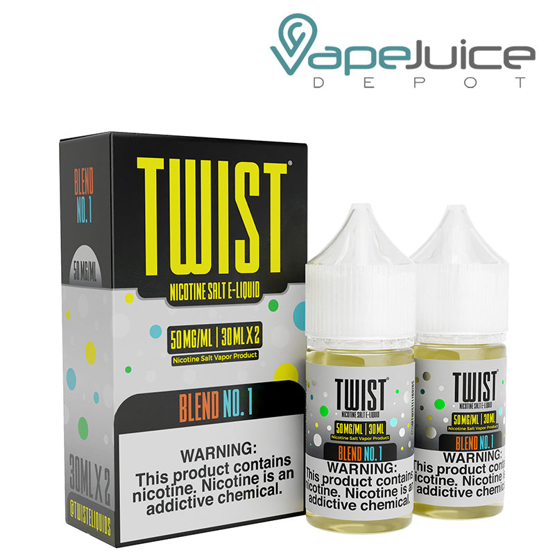 A box of Blend No 1 Twist Salt 50mg E-Liquid with a warning sign and two 30ml bottles next to it - Vape Juice Depot