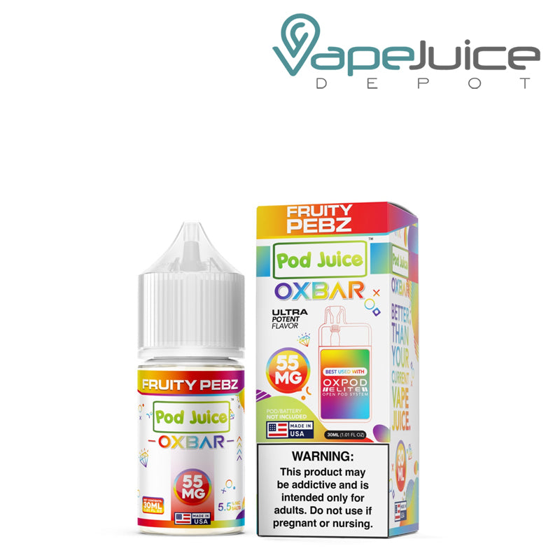A 30ml bottle of Fruity Pebz Pod Juice x OXBAR Salts 55mg and a box with a warning sign next to it - Vape Juice Depot