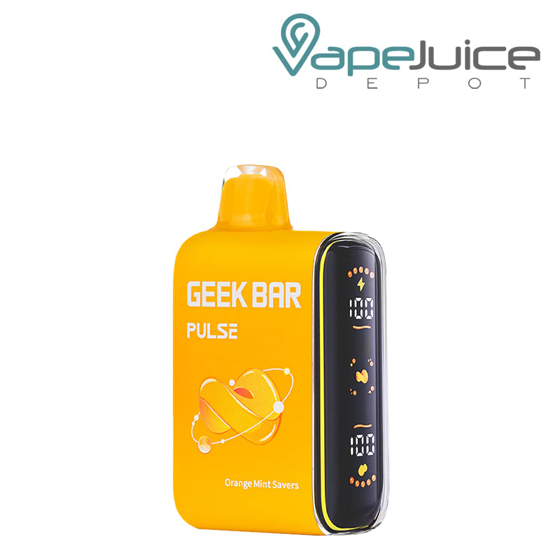Orange Mint Savers Geek Bar Pulse 15000 Disposable with a display screen on the side - Vape Juice Depot