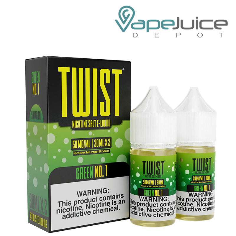 A box of Green No 1 Twist Salt E-Liquid 50mg with a warning sign and two 30ml bottles next to it - Vape Juice Depot