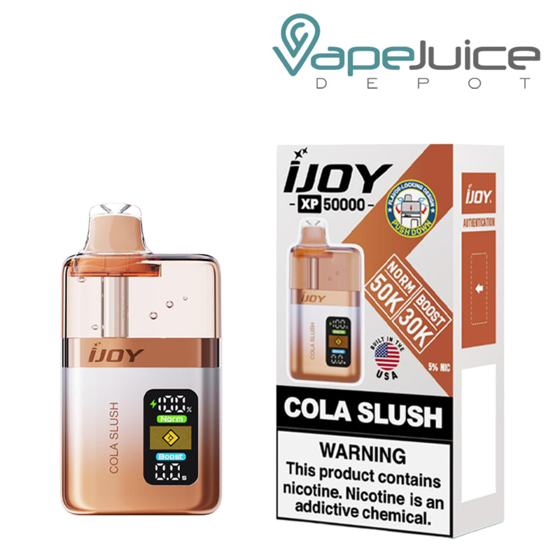 A Box of Cola Slush iJoy XP50000 Disposable and a box with a warning sign next to it - Vape Juice Depot