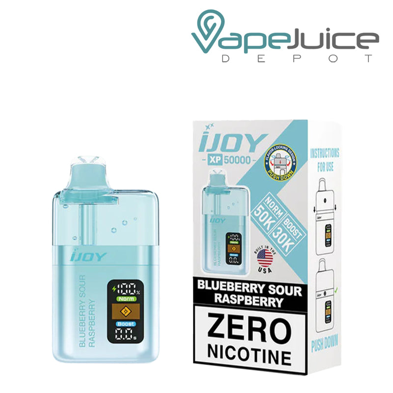 Blueberry Sour Raspberry iJoy XP50000 Zero Nicotine Disposable and a box with a warning sign next to it - Vape Juice Depot