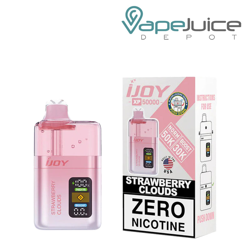 Strawberry Clouds iJoy XP50000 Zero Nicotine Disposable and a box with a warning sign next to it - Vape Juice Depot