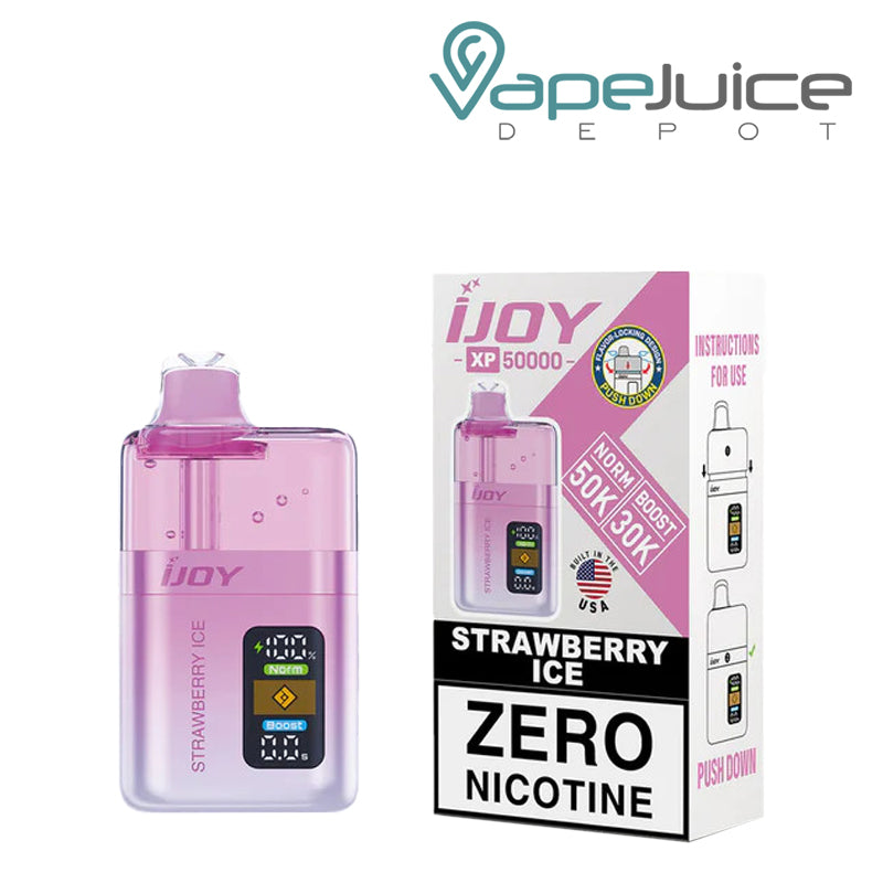 Strawberry Ice iJoy XP50000 Zero Nicotine Disposable and a box with a warning sign next to it - Vape Juice Depot