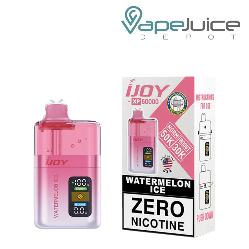 Watermelon Ice iJoy XP50000 Zero Nicotine Disposable and a box with a warning sign next to it - Vape Juice Depot