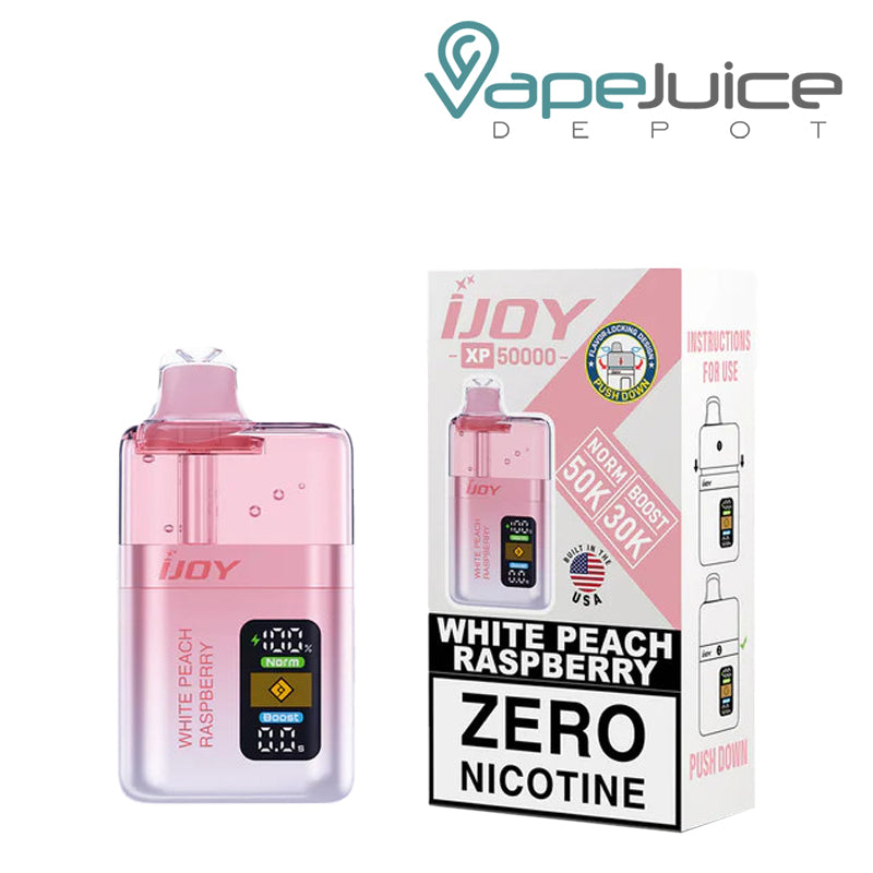 White Peach Raspberry iJoy XP50000 Zero Nicotine Disposable and a box with a warning sign next to it - Vape Juice Depot