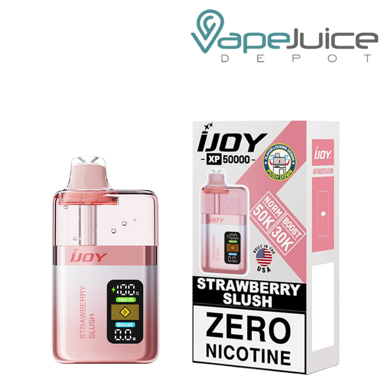 Strawberry Slush iJoy XP50000 Zero Nicotine Disposable and a box with a warning sign next to it - Vape Juice Depot