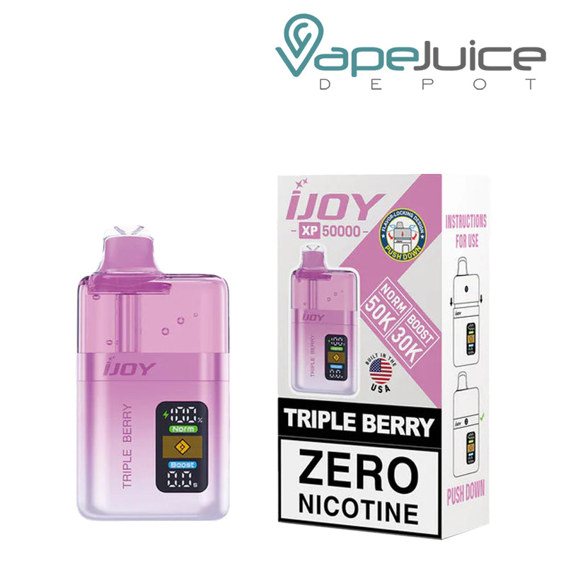 Triple Berry iJoy XP50000 Zero Nicotine Disposable and a box with a warning sign next to it - Vape Juice Depot