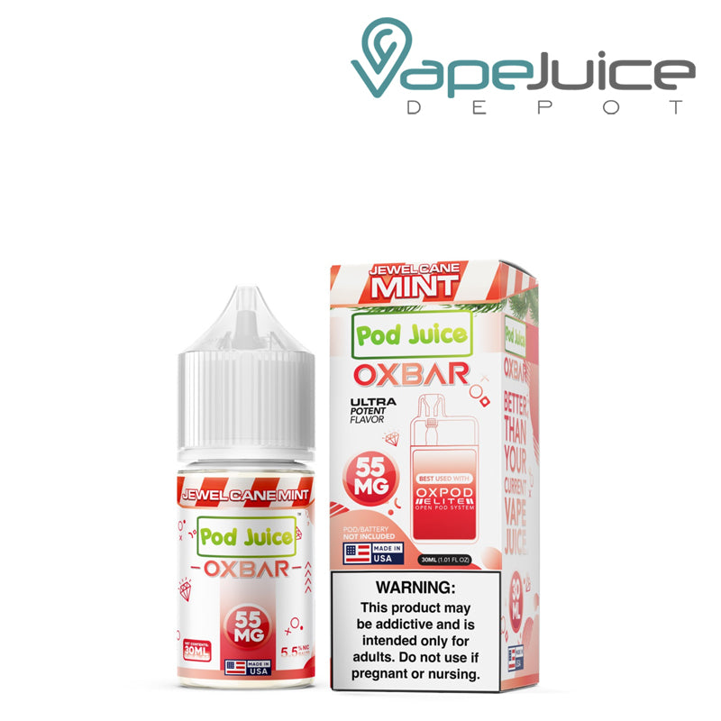 A 30ml bottle of Jewel Cane Mint Pod Juice x OXBAR Salts 55mg and a box with a warning sign next to it - Vape Juice Depot