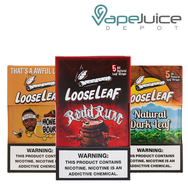 Three flavors of Looseleaf Leaf Wraps 40 Count with a warning sign - Vape Juice Depot