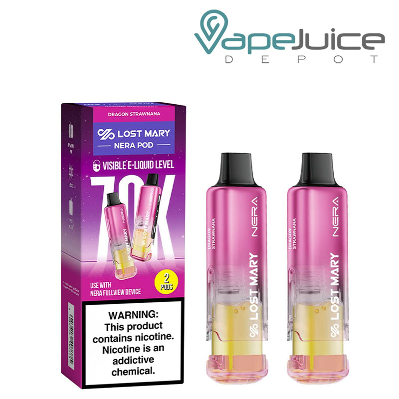 A box of Dragon Strawnana Lost Mary Nera Fullview 70K Disposable Pods with a warning sign and 2 pods next to it – Vape Juice Depot