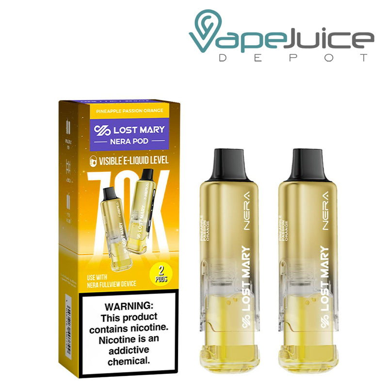 A box of Pineapple Passion Orange Lost Mary Nera Fullview 70K Disposable Pods with a warning sign and 2 pods next to it – Vape Juice Depot