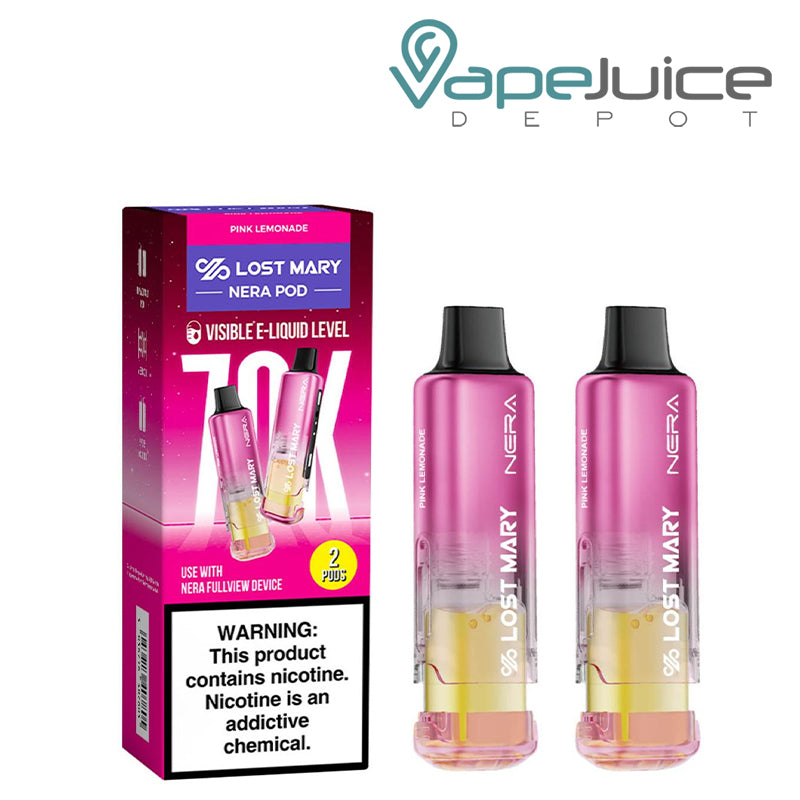 A box of Pink Lemonade Lost Mary Nera Fullview 70K Disposable Pods with a warning sign and 2 pods next to it – Vape Juice Depot