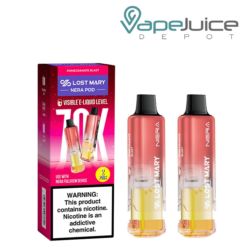A box of Pomegranate Blast Lost Mary Nera Fullview 70K Disposable Pods with a warning sign and 2 pods next to it – Vape Juice Depot