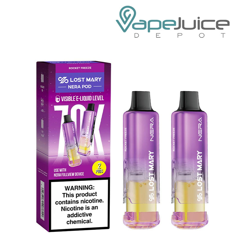 A box of Rocket Freeze Lost Mary Nera Fullview 70K Disposable Pods with a warning sign and 2 pods next to it – Vape Juice Depot