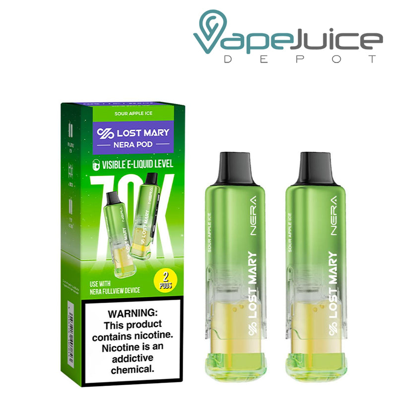 A box of Sour Apple Ice Lost Mary Nera Fullview 70K Disposable Pods with a warning sign and 2 pods next to it – Vape Juice Depot