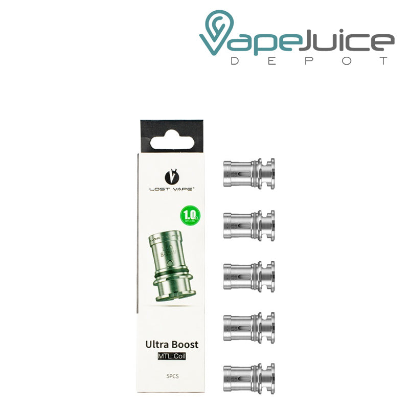 A Box of Lost Vape Ultra Boost Replacement Coils MTL and a coils next to it - Vape Juice Depot