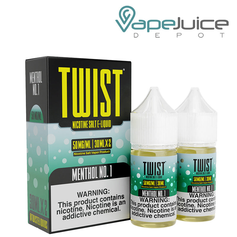 A box of Menthol No 1 Twist Salt 50mg E-Liquid with a warning sign and two 30ml bottles next to it - Vape Juice Depot