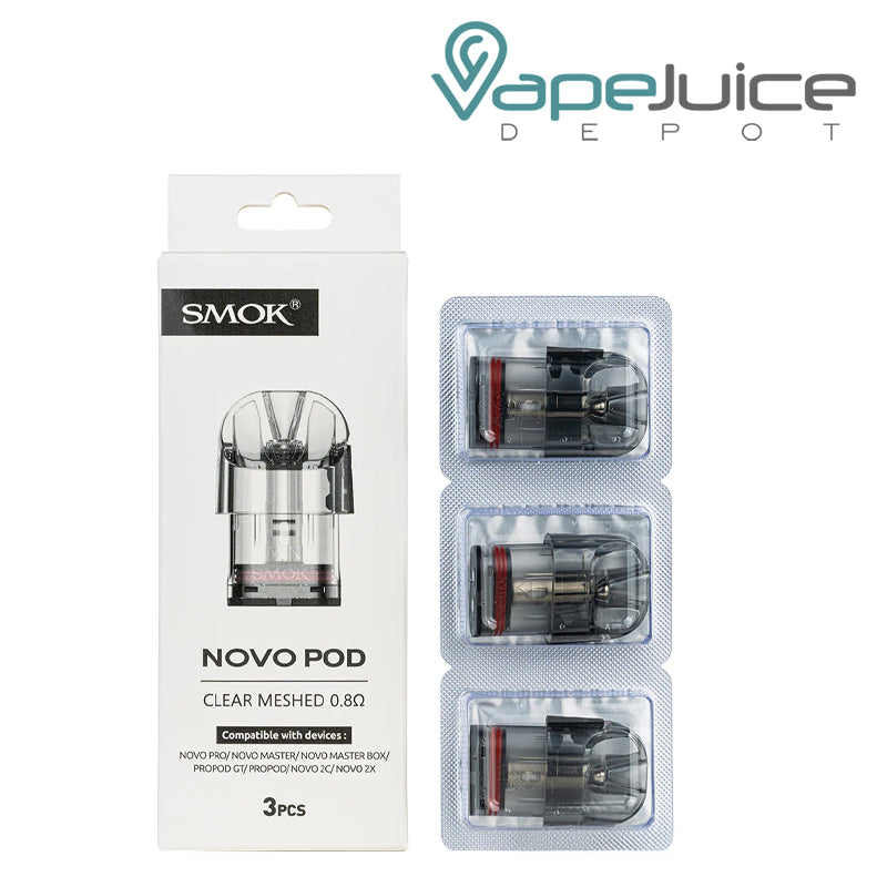 A Box of Clear SMOK Novo Pods 0.8ohm and a pack of pod next to it - Vape Juice Depot
