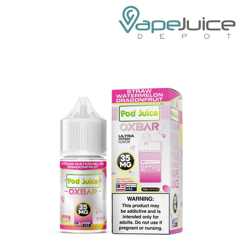 A 30ml bottle of Straw Watermelon Dragonfruit Pod Juice x OXBAR Salts 55mg and a box with a warning sign next to it - Vape Juice Depot