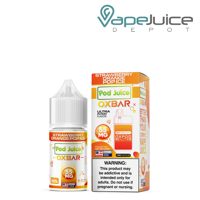 A 30ml bottle of Strawberry Orange Pop Ice Pod Juice x OXBAR Salts 55mg and a box with a warning sign next to it - Vape Juice Depot