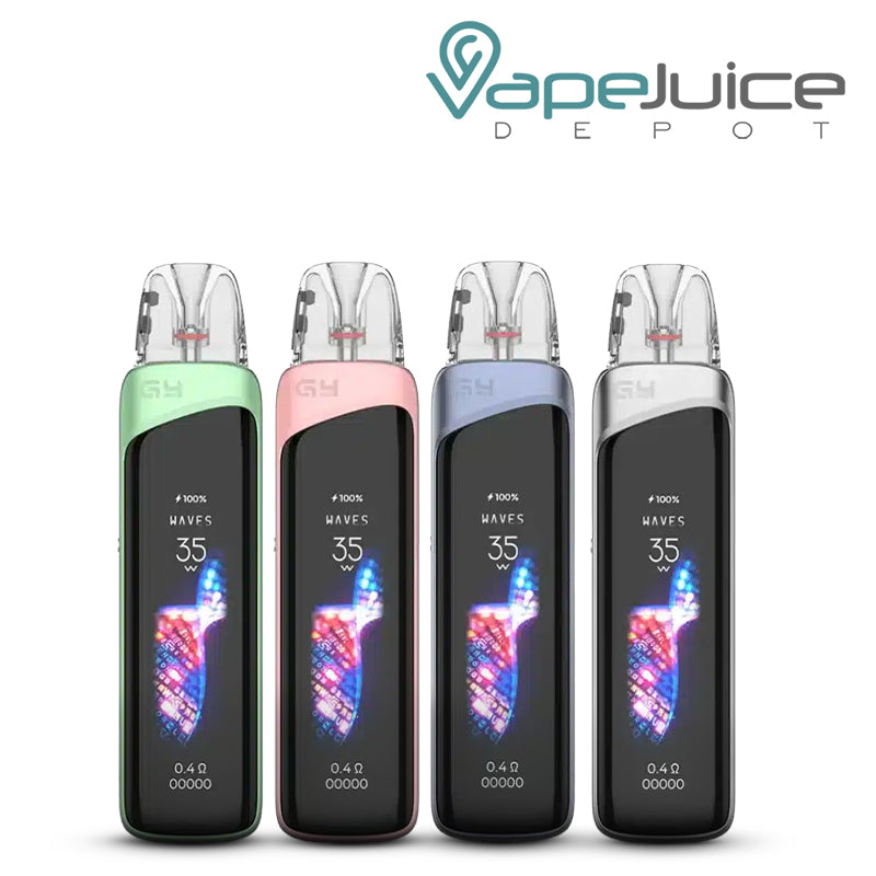 Four Geek Vape G4 pod devices in assorted colors with LED screens displayed - Vape Juice Depot