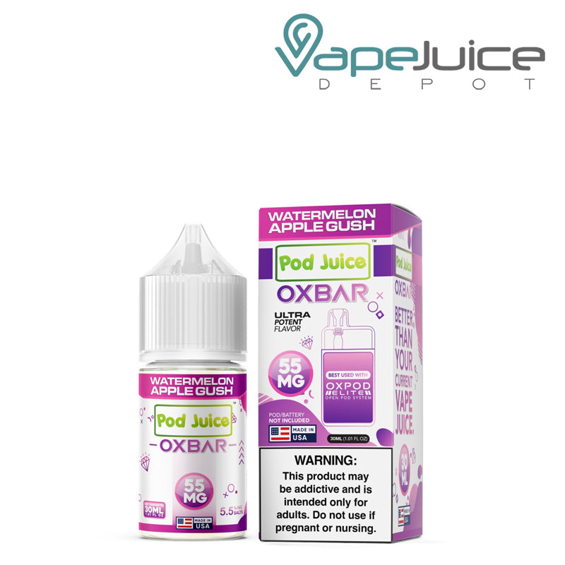 A 30ml bottle of Watermelon Apple Gush Pod Juice x OXBAR Salts 55mg and a box with a warning sign next to it - Vape Juice Depot