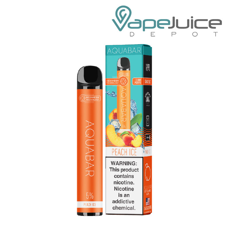 A Peach Ice AquaBar Disposable 2800 Puffs and a box with a warning sign next to it - Vape Juice Depot