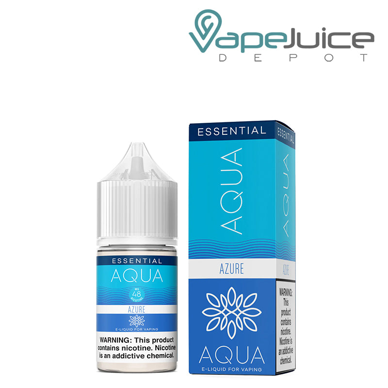 A 30ml bottle of AZURE AQUA Synthetic Salts 48mg with a warning sign and a box  next to it - Vape Juice Depot