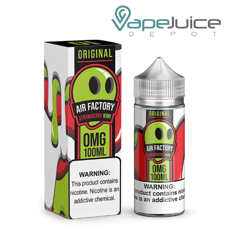 A Box of Strawberry Kiwi Air Factory eLiquid with a warning sign and a 100ml bottle with a warning sign next to it - Vape Juice Depot