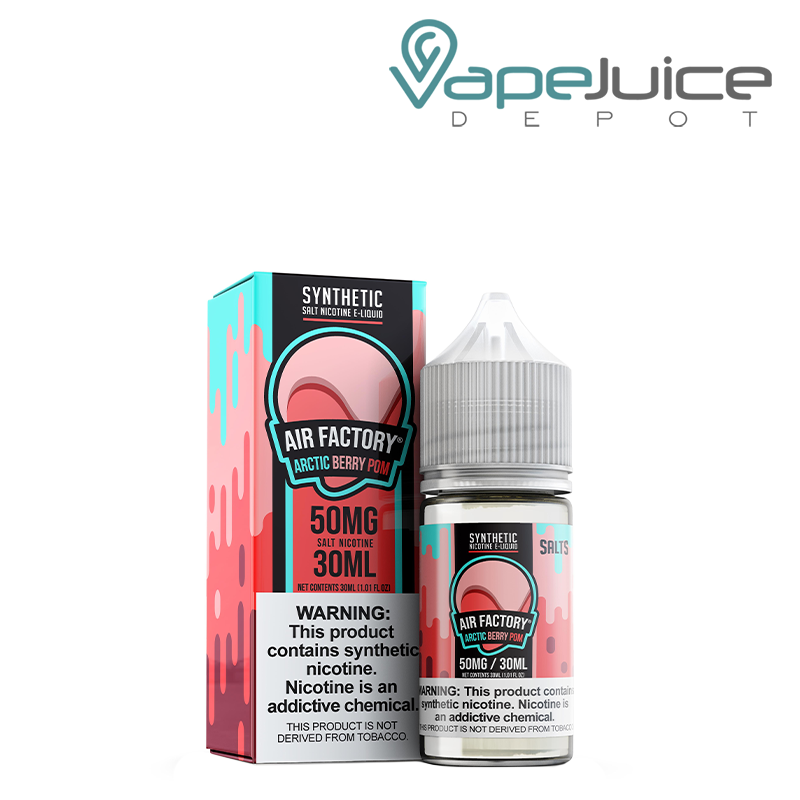 A 30ml bottle of Arctic Berry Pom Salts Air Factory Synthetic with a warning sign and a box next to it - Vape Juice Depot