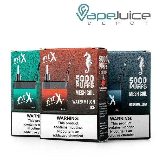 Three boxes of different Art X Disposable Device flavors with a warning sign - Vape Juice Depot