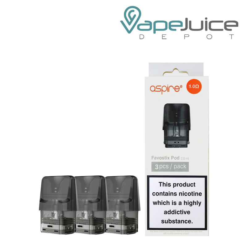 Three Aspire Favostix Replacement Pods and a box with a warning sign next to them - Vape Juice Depot