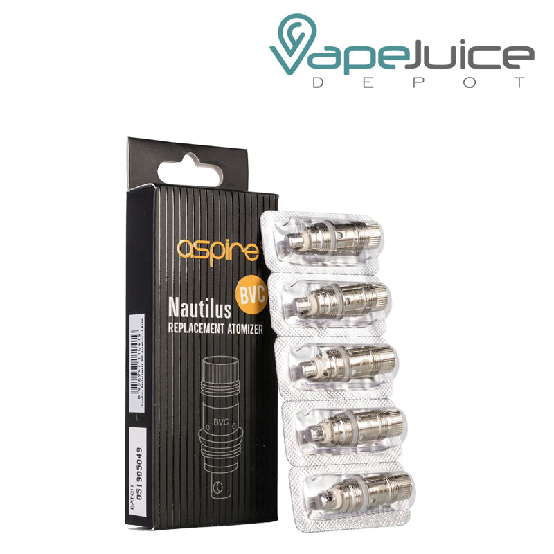 A box of Aspire Nautilus 2 BVC Replacement Coils and five pack coils next to it - Vape Juice Depot