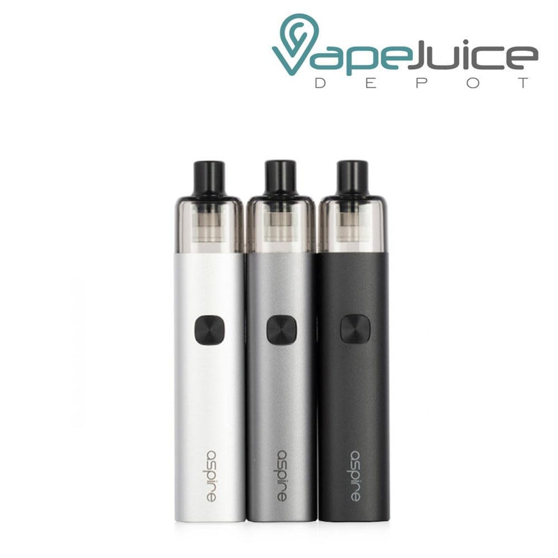 Three Aspire AVP-CUBE Pod Kits in different colors with one firing button and Aspire logo beneath - Vape Juice Depot