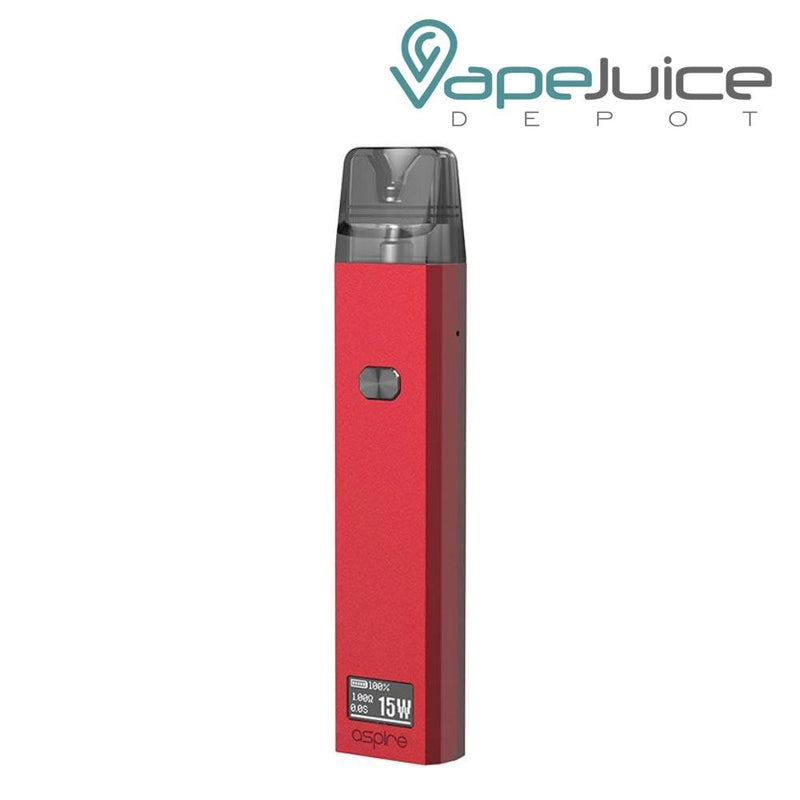 Garnet Red Aspire Favostix Pod Kit and a firing button on it - Vape Juice Depot
