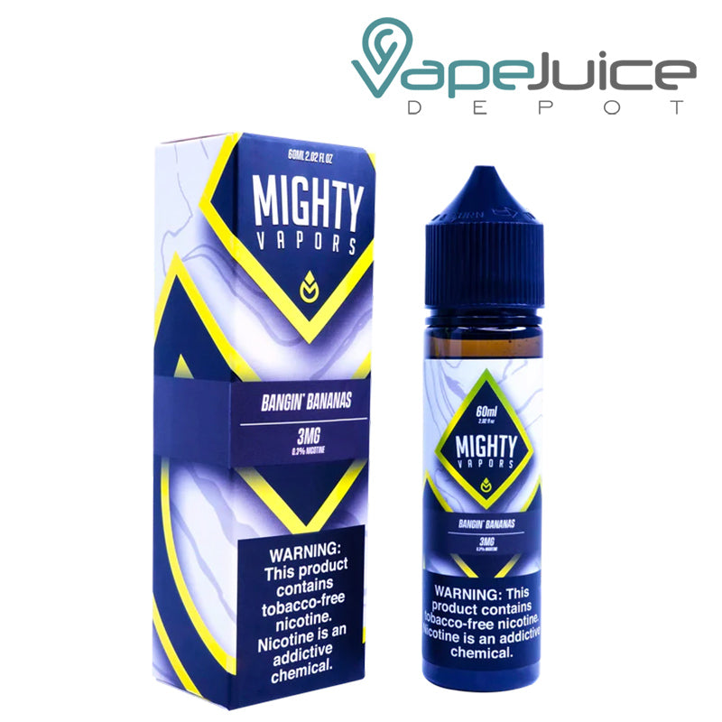 A box of Bangin Bananas Mighty Vapors TFN eLiquid with a warning sign and a 60ml bottle next to it - Vape Juice Depot